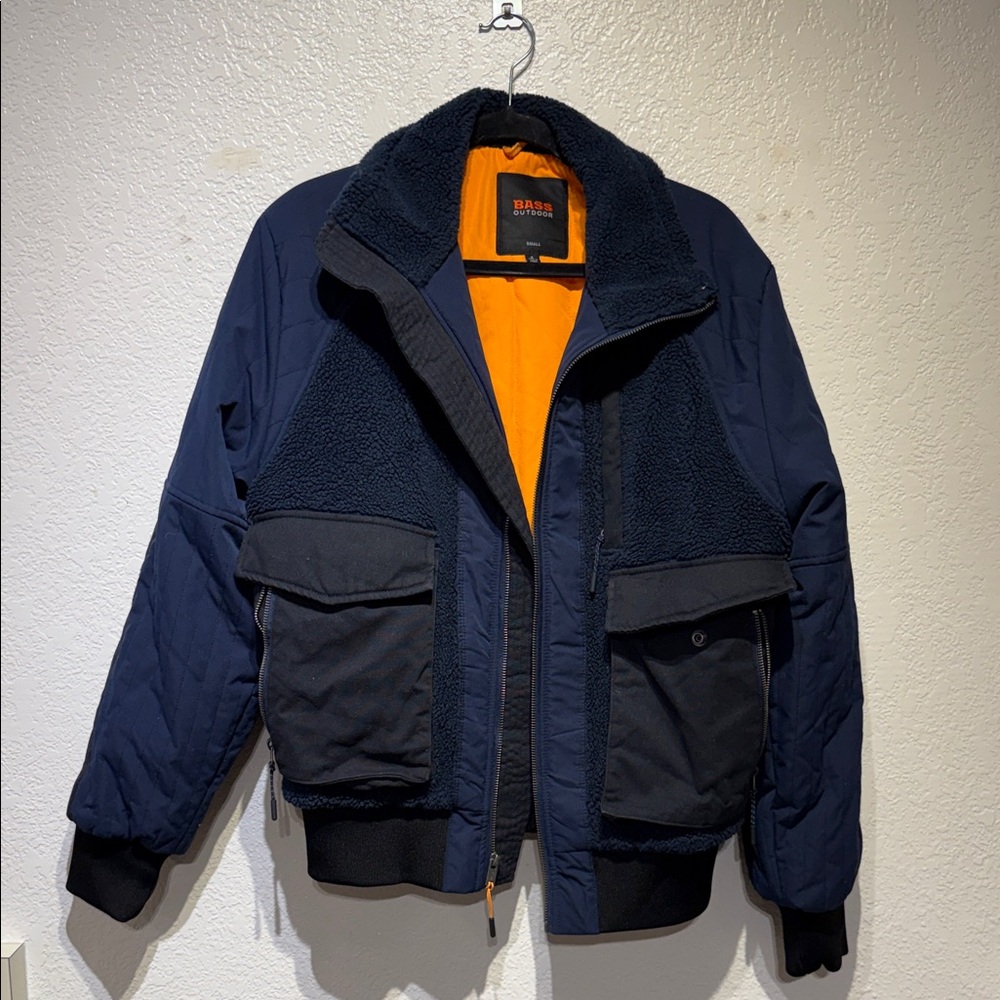Men's Navy and Black Bomber Jacket with Orange Lining Very Warm